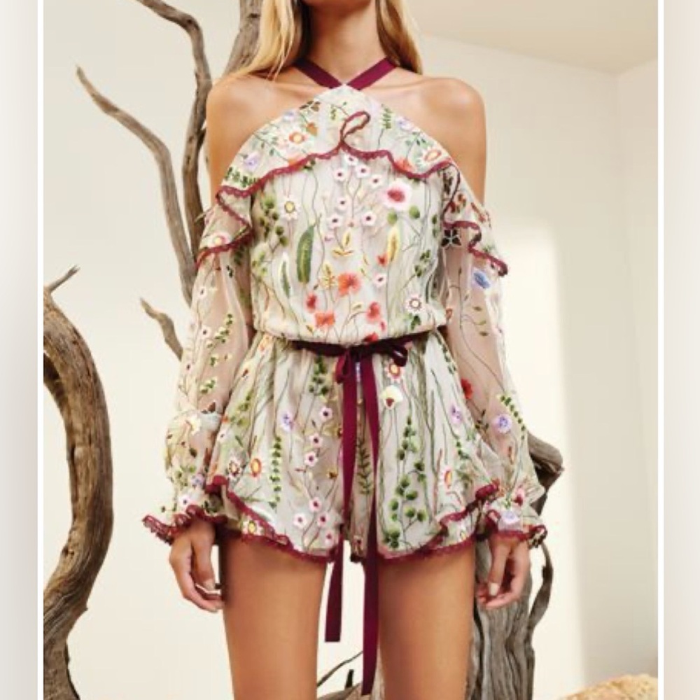 Alexis Kylie Embroidered Cold-Shoulder Romper floral embroidery ruffled sleeves